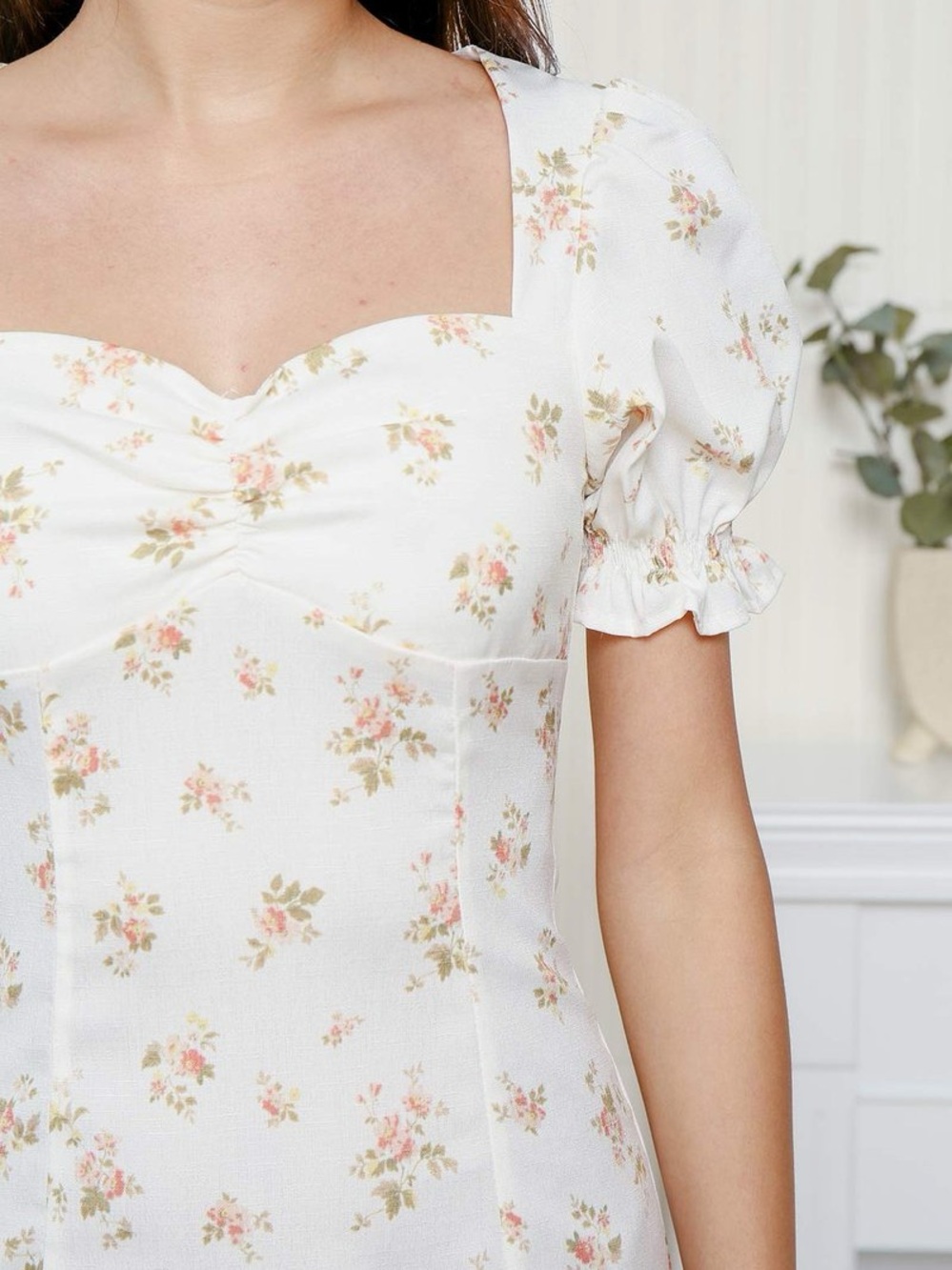 Reformation Gina Cream Floral Square-Neck Puff Sleeve Linen Mini Dress BWT - Picture 15 of 16